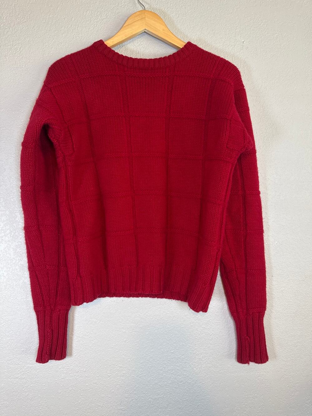 Vintage Eddie Bauer Red Wool Sweater Womens Large Basketweave Grid Crew Neck